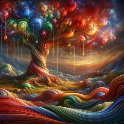 The primary subject of the image is a tree with a colorful, rainbow-like appearance. The tree is surrounded by a vibrant landscape, featuring a variety of colors and patterns. The setting appears to be a surreal, artistic environment, possibly a painting or digital artwork. The visual style is unique and creative, with the tree and its surroundings being the main focus of the image. The colors and mood convey a sense of whimsy and imagination, making the scene both visually appealing and thought